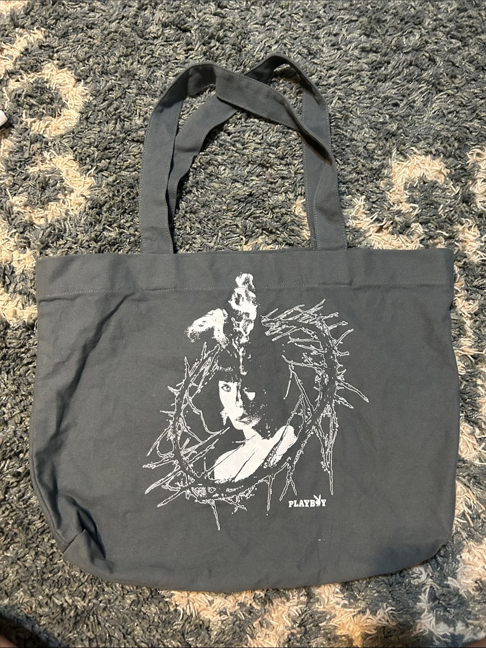 PLAYBOY Grey Canvas Tote with White Graphic Portrait